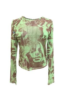 Sheer Cropped Green and Brown Printed Long-Sleeve Women's Top medium